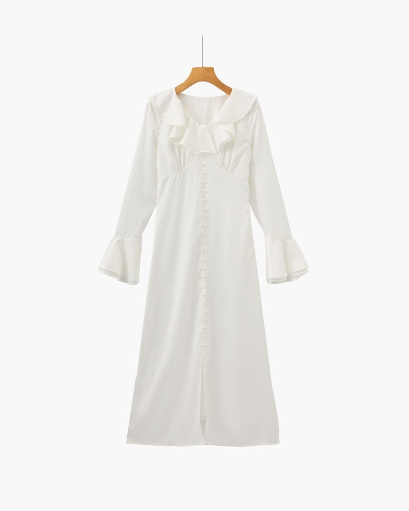 Midi Kleid mit Rüschen und Perlmuttknöpfen