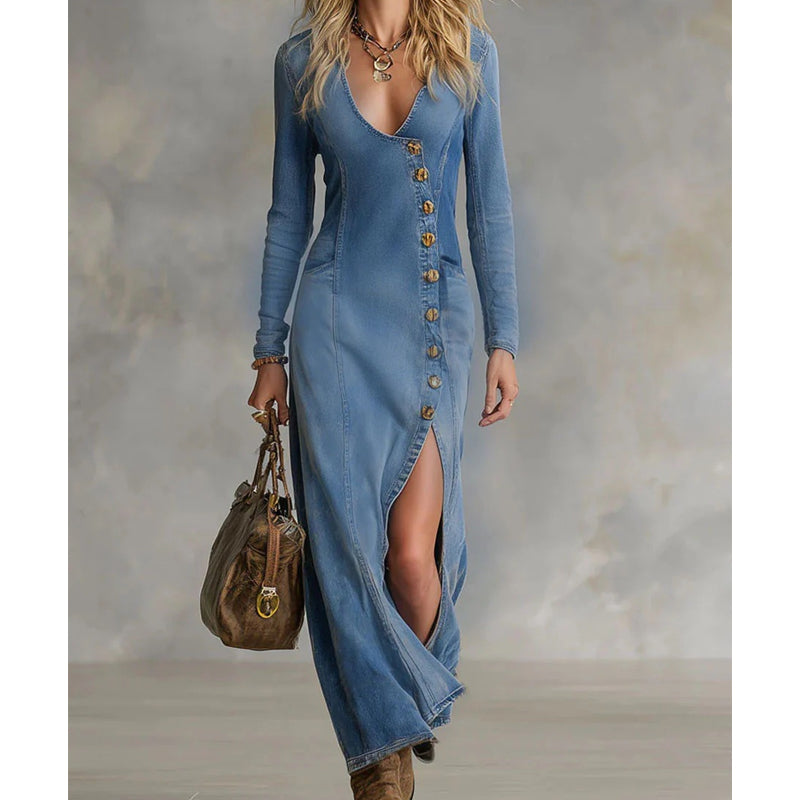 Langärmliges Maxikleid mit V-Ausschnitt | Elegant & Zeitlos